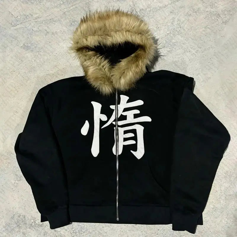 Y2K Zip up hoodie Harajuku Letter Print Streetwear fur hoodie