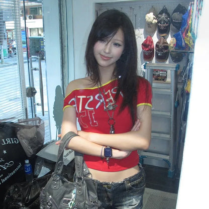 Japanese Y2k Off Shoulder T-shirt