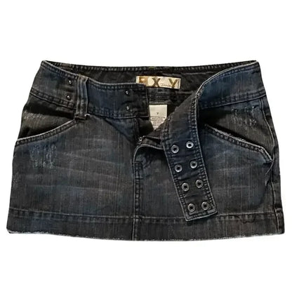 Y2K New Black Gray Low Waist Mini Skirt Womens Clothing Harajuku Fashion Denim Skirt Gothic Retro Button Adjustment Short Skirt