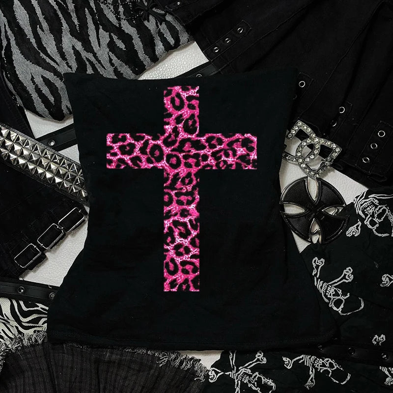 Y2k Leopard Print Cross Strapless Corset Tops Solid Camis Summer Casual Sleeveless Strap Top Women Harajuku Cropped Crop Tops
