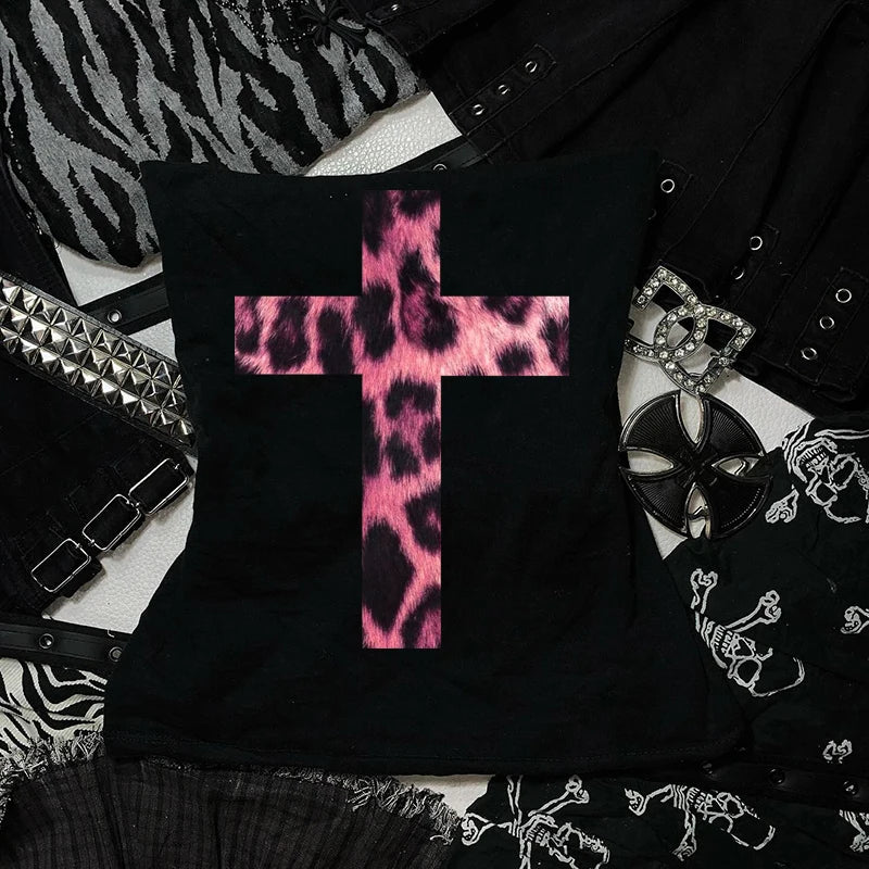 Y2k Leopard Print Cross Strapless Corset Tops Solid Camis Summer Casual Sleeveless Strap Top Women Harajuku Cropped Crop Tops
