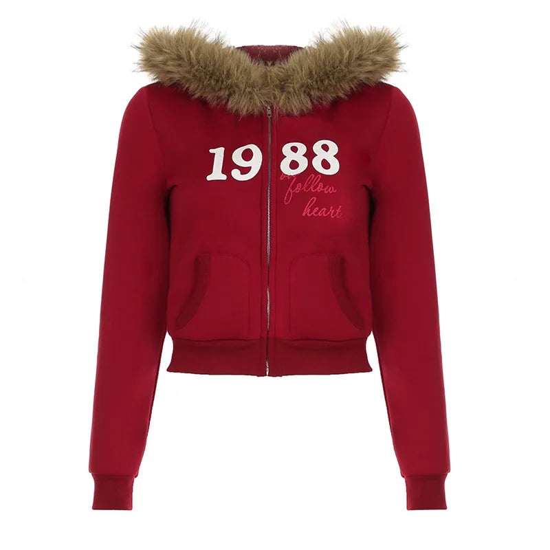 Casual Solid Fur Trim Hooded Sweatshirt red