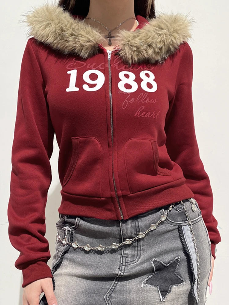 Casual Solid Fur Trim Hooded Sweatshirt red