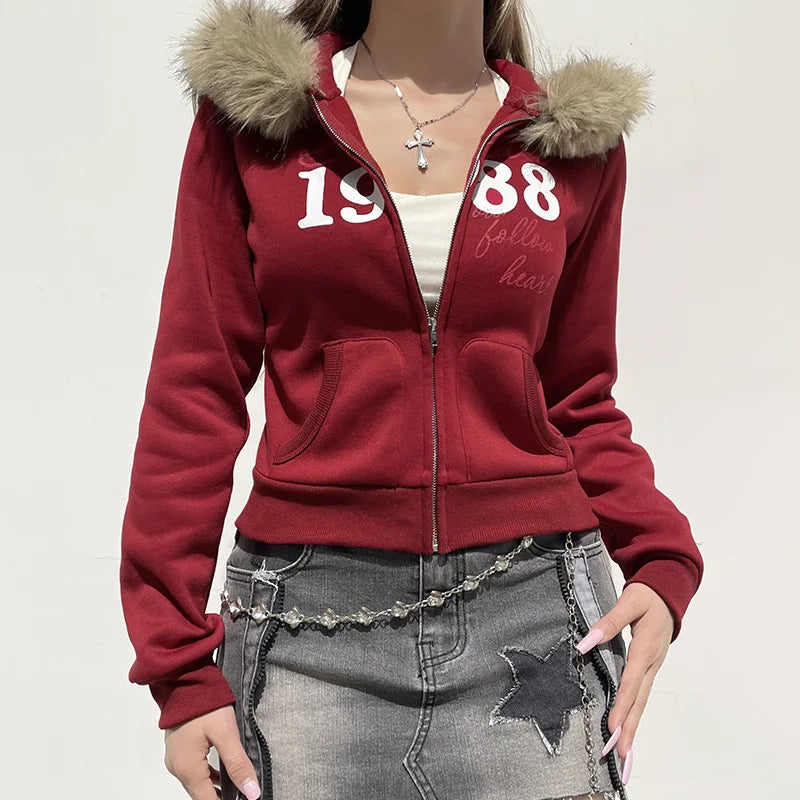 Casual Solid Fur Trim Hooded Sweatshirt red