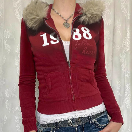 Casual Solid Fur Trim Hooded Sweatshirt red