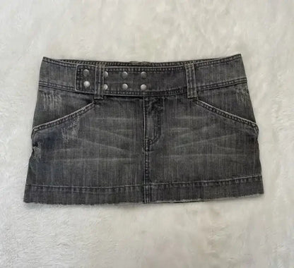 Y2K New Black Gray Low Waist Mini Skirt Womens Clothing Harajuku Fashion Denim Skirt Gothic Retro Button Adjustment Short Skirt