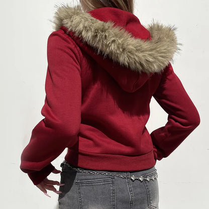 Casual Solid Fur Trim Hooded Sweatshirt red