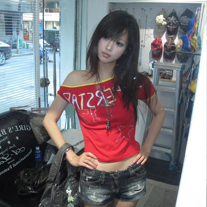 Japanese Y2k Off Shoulder T-shirt