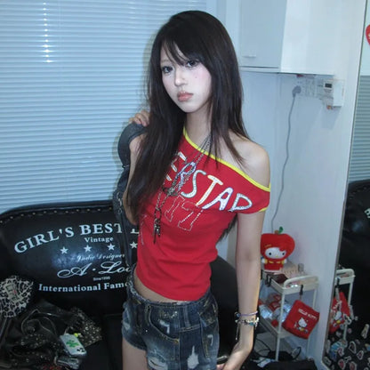 Japanese Y2k Off Shoulder T-shirt