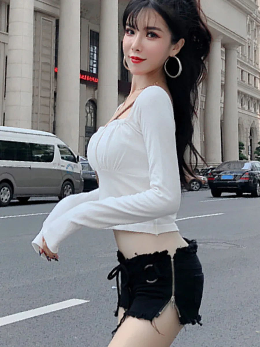 Low Waist Ripped Ladies Denim Shorts Zip Up Lace-Up
